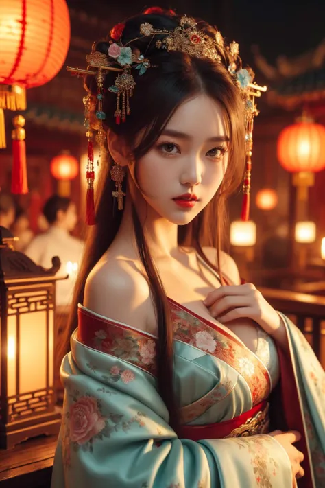 <lora:å«£ææ¥¼3:0.7>, best quality, masterpiece, illustration, realistic, photo-realistic, amazing, finely detail, incredibly absurdres, huge filesize, ultra-detailed, highres, extremely detailed CG unity 8k wallpaper, nsfw, upper body, A beautiful young Chinese woman with medium-large breasts wearing a floral print off-the-shoulder hanfu outfit that reveals her cleavage. She has a red tassel hair ornament, soft black eyes, and red lips. She poses elegantly with her hands relaxed at her sides, looking directly at the viewer. The night scene background is brightly lit with red lanterns and warm lighting, creating an inviting courtesan house atmosphere. The image is slightly blurred with a shallow depth of field, like a classical Chinese portrait painting.