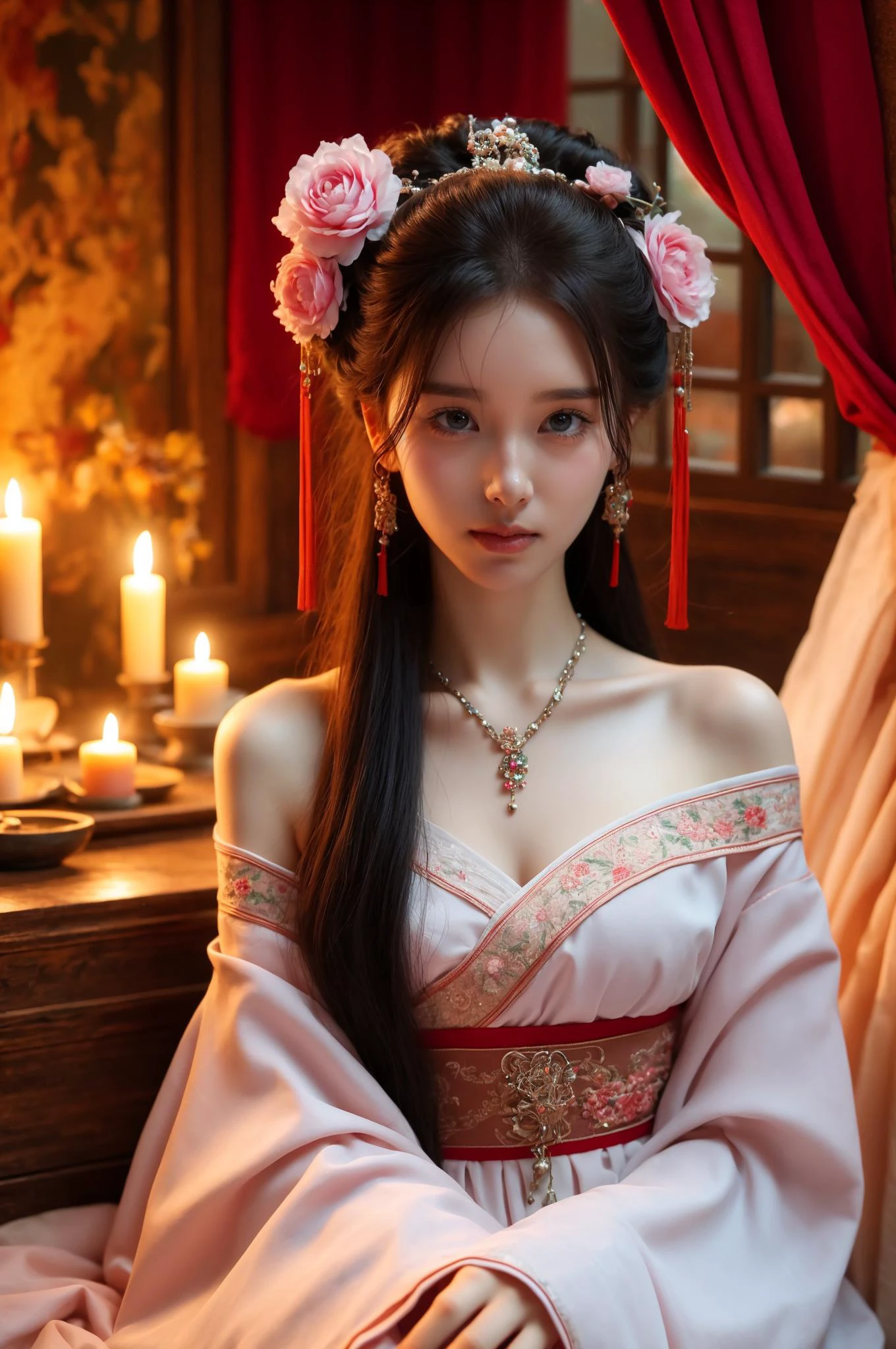 hands_, realistic,
1girl, solo, candle, hair ornament, realistic, jewelry, long hair, flower, hair flower, black hair, necklace, looking at viewer, indoors, chinese clothes, sash, earrings, kimono, black eyes, blurry, sitting,off-the-shoulder
cinematic_lighting,
<lora:kim_å«£ææ¥¼_v1:0.85>