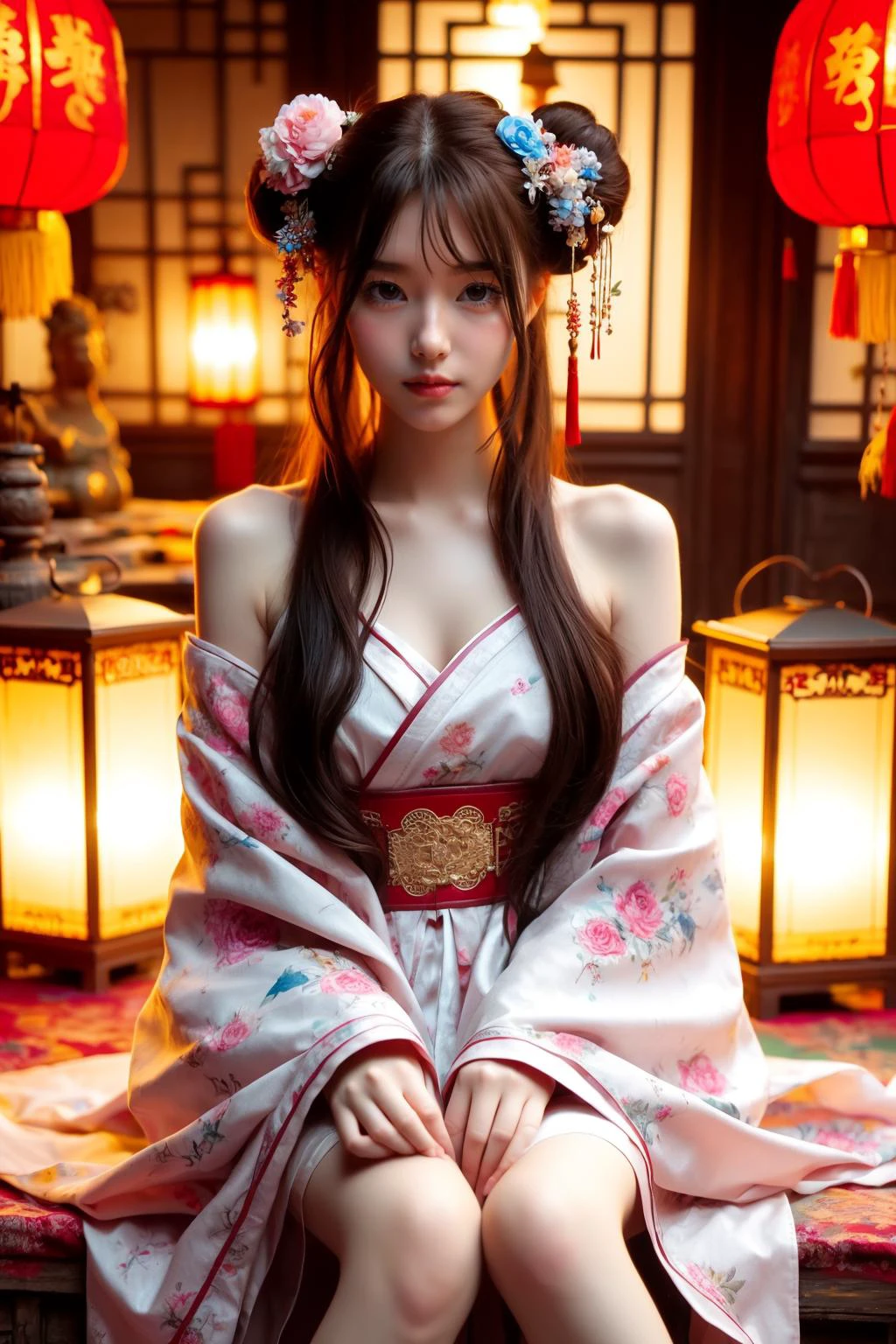 hands_, realistic,
1girl, brown hair, hair ornament, lantern, solo, sitting, paper lantern, long hair, brown eyes, realistic, hair bun, bare shoulders, flower, hair flower, chinese clothes, looking at viewer, japanese clothes, double bun, kimono, lips
<lora:å«£ææ¥¼3:0.75>((wash painting)),((ink s...,