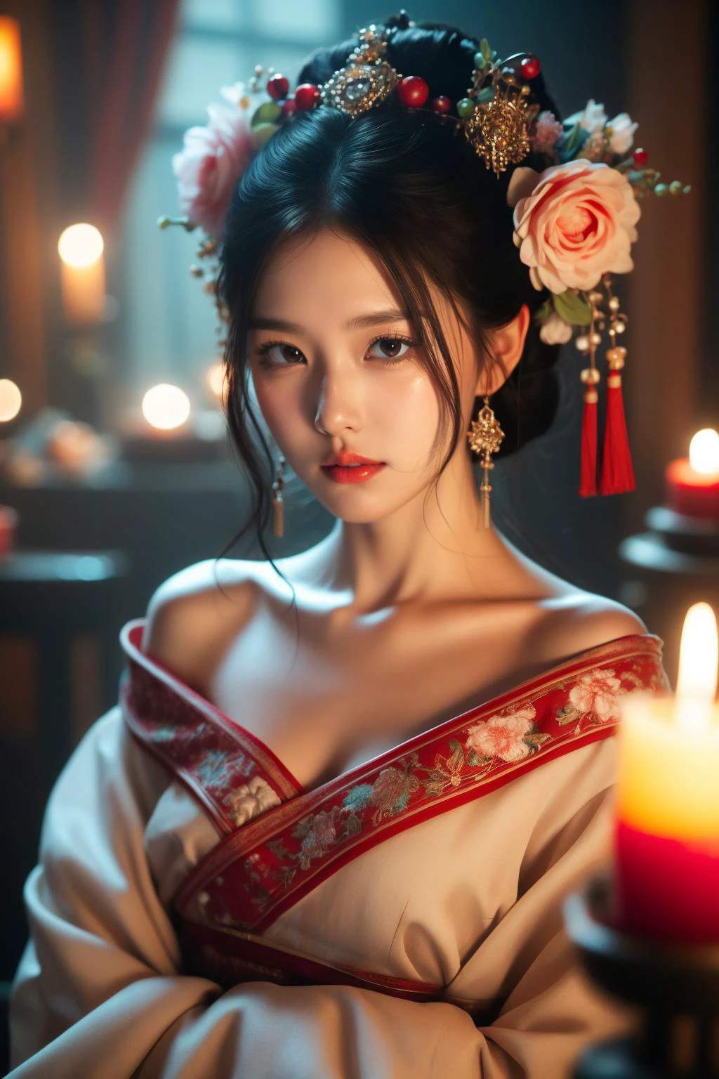 1girl, hair ornament, solo, flower, hair flower, candle, earrings, jewelry, black hair, black eyes, blurry, lips, red lips, looking at viewer, tassel, depth of field, makeup, realistic,(red_clothes:1.3),chinese clothes, floral print, upper body, medium breasts, off-the-shoulder
<lora:kim_å«£ææ¥¼_v1:0.85>