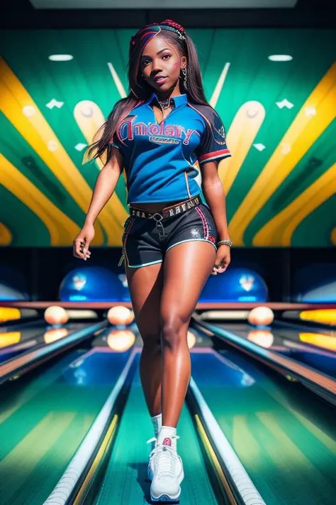 photo of sarahbanks, a woman as a bowler, modelshoot style, (extremely detailed CG unity 8k wallpaper), Intricate, High Detail, Sharp focus, smiling, photorealistic painting art by midjourney and greg rutkowski , (waist chain), ((bowling)), ((in a bowling alley)), ((wearinga bowling shirt and bowling shoes)), (looking at viewer), (detailed pupils:1.2)
