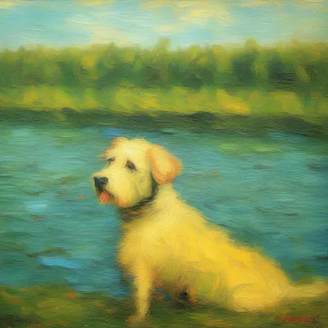 an impressionist painting of a dog by a lake in the style of VanGogh <lora:impressionism:1>