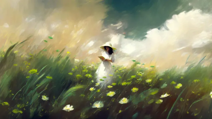 masterpiece,best quality,depth of field,aesthetic,
by Claude Monet,Claude Monet style,In the style of impressionism.wide shot,1 asian girl,20yo,walking,full body,look at viewer,White dress,Painter's hat,Hold a pen and sketchbook,Sketcher in the wild,
<lora:add-detail-xl:1>,<lora:impressionism:1>,Monet,