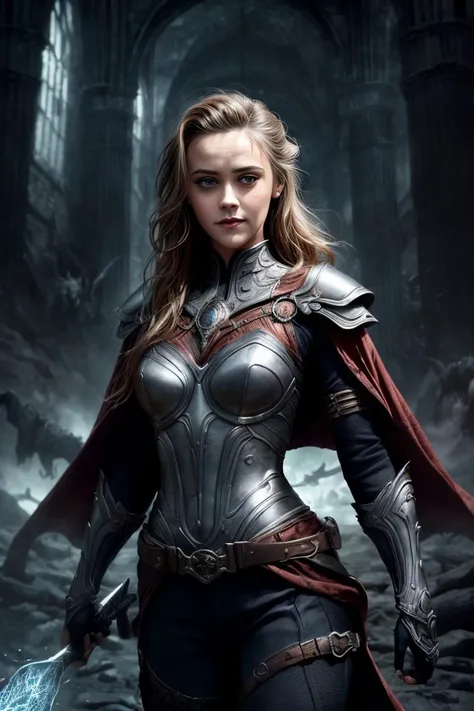 photo of (aliciasilverstone), young Alicia Silverstone, Hyperrealistic, poster, book cover, perfectly symmetrical face, high detailed perfect cyborg face:1.4, smile, larger jaw, many jewels, (natural bangs:1.6, shut mouth), clean forehead, clean face, sexy armor, revealing armor, provocative armor, gauntlets, gorgeous, embossed engraved highly detailed armor, ((intricate details)), short cape, pelvic curtain, high detail, sharp focus, CG unity, 8k wallpaper, best quality, masterpiece, cowboy-shot, fantasy art, from front, belts, good composition, good design, subsurface scattering, (good anatomy), (perfect proportions of fashion model like), medieval architecture, medieval soldiers in background, ornate frames:0.8, heroic pose, unified color scheme, <lora:add_detail:0.7>, DarkFantasy, glowing runes, magical powers, dark magic, spell casting, wizardry, sorcery, (illuminated face, face lighting, studio lighting)