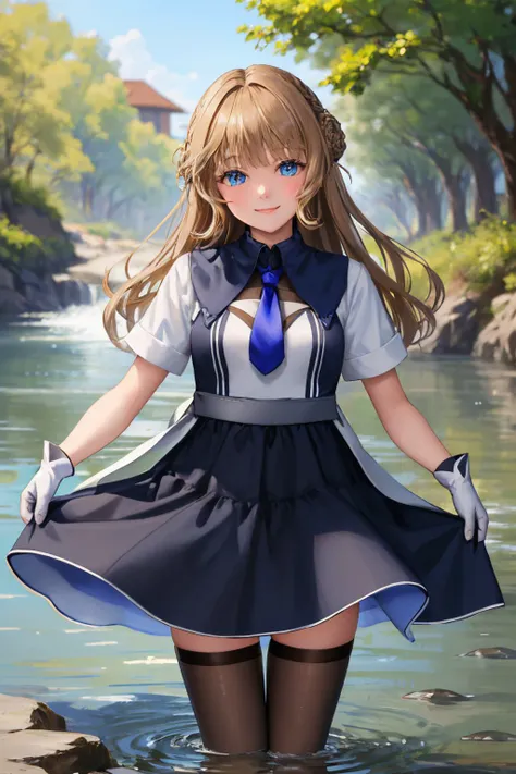 (masterpiece, best quality:1.2), <lyco:kancolle_ranger-11:1.0>, cowboy shot, solo, 1girl, kcranger, smile, looking at viewer, wading, braid, hair bun, two-tone dress, blue necktie, thighhighs, white gloves