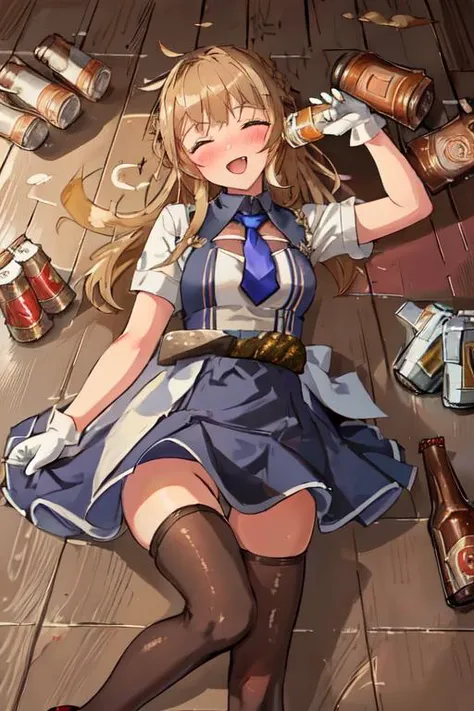 (masterpiece, best quality:1.2), solo, 1girl, kcranger, smile,braid, hair bun, two-tone dress, blue necktie, thighhighs, white gloves, indoors, blush,  <lora:kancolle_ranger-11:0.7>,  (lying on floor), head_tilt, ((beer cans on floor:1.2)), (beer can, bottle:1.4), closed eyes, open mouth,