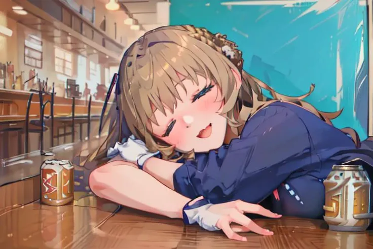 (masterpiece, best quality:1.2), solo, 1girl, kcranger, smile,braid, hair bun, two-tone dress, blue necktie, thighhighs, white gloves, indoors, blush, (in bar:1.2) <lora:kancolle_ranger-11:0.8>, (lying on floor:1.2), head_tilt, ((beer cans on floor:1.2)), (beer cans:1.4), closed eyes, open mouth, <lora:SleePeace2:1.1>, sleepeace,