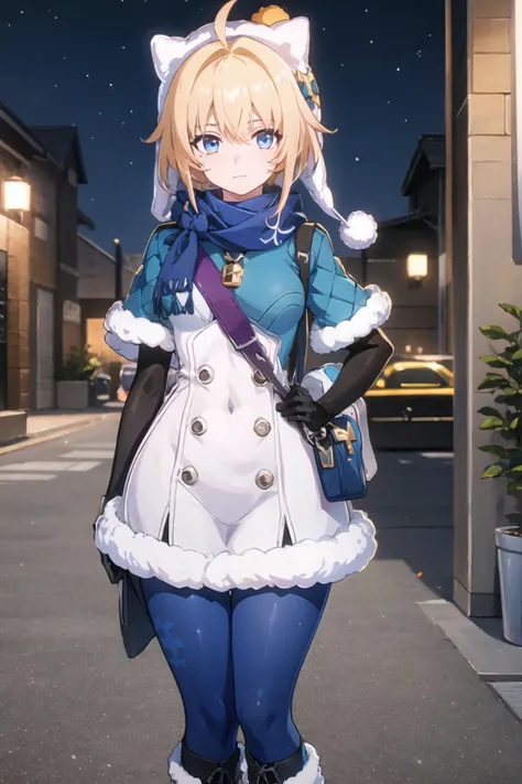 (extremely detailed CG),(best quality),1girl,perfect face,shiny skin,narrow waist,wide hips,LynxLandau,elbow gloves,hair between eyes,white headwear,blue pantyhose,hood,bag,boots,capalet,short hair,fur trim,hat,blue scarf,ahoge,bangs,scarf,blonde hair,blue eyes,gloves,<lora:LynxLandau:0.7>,