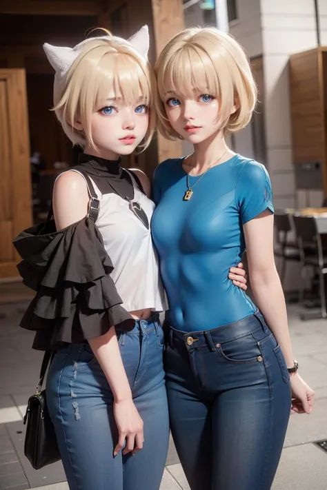 LynxLandau,short blonde hair,hair between eyes,ahoge,bangs,blue eyes,<lora:LynxLandau-10:0.7>, wearing Asymmetric Hem Top and Skinny Jeans