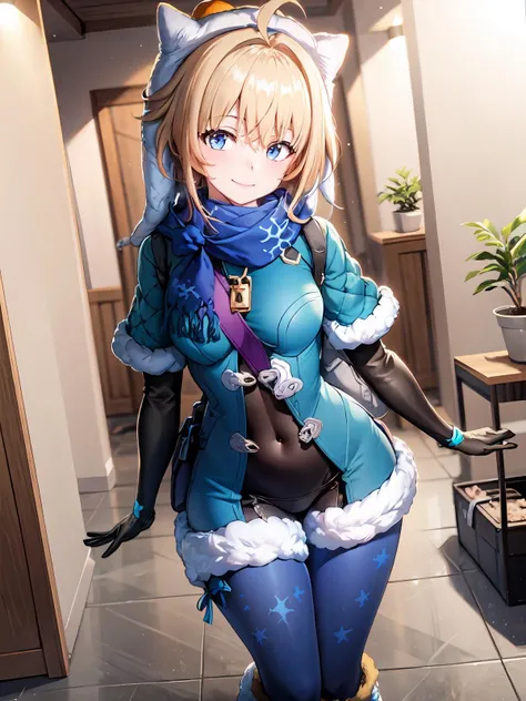 (extremely detailed CG), (best quality), 1girl, perfect face,shiny skin,narrow waist, wide hips <lora:LynxLandau-10:0.8> LynxLandau,elbow gloves,hair between eyes,white headwear,hood,bag,boots,capalet,short hair,fur trim, hat,blue scarf,ahoge,bangs, scarf ,blonde hair, blue eyes, gloves,full body, indoors, smile, fur trimed coat,