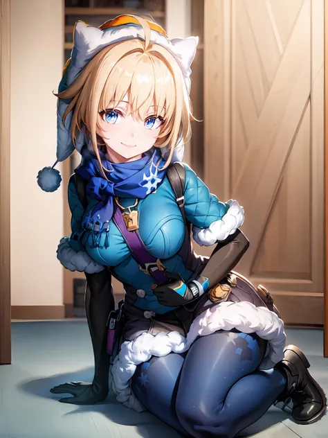 (extremely detailed CG), (best quality), 1girl, perfect face,shiny skin,narrow waist, wide hips <lora:LynxLandau-10:0.8> LynxLandau,elbow gloves,hair between eyes,white headwear,hood,bag,boots,capalet,short hair,fur trim, hat,blue scarf,ahoge,bangs, scarf ,blonde hair, blue eyes, gloves,full body, indoors, smile, fur trimed coat,