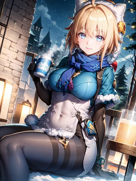 (extremely detailed CG), (best quality), 1girl, perfect face,shiny skin,narrow waist, wide hips <lora:LynxLandau-10:0.8> LynxLandau,elbow gloves,hair between eyes,white headwear, blue pantyhose,hood,bag,boots,capalet,short hair,fur trim, hat,blue scarf,ahoge,bangs, scarf ,blonde hair, blue eyes, gloves, snowi background, snow, steam, holding a cup of cocoa, panoramic view, smile sitting,