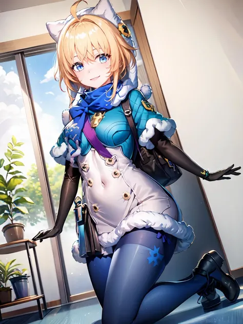 (extremely detailed CG), (best quality), 1girl, perfect face,shiny skin,narrow waist, wide hips    <lora:LynxLandau-10:0.8> LynxLandau,elbow gloves,hair between eyes,white headwear, blue pantyhose,hood,bag,boots,capalet,short hair,fur trim, hat,blue scarf,ahoge,bangs, scarf ,blonde hair, blue eyes, gloves,full body,  indoors, smile,
