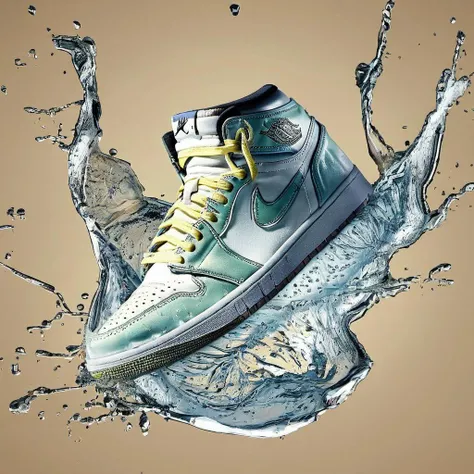 a pair of sneakers,air jordan 1,on the top of splash of water,ice,simple background,Water drops in front of the lens,Poster Design,surrealism,dreamy,central composition,<lora:17.27:0.9>,