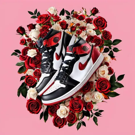a pair of sneakers,air jordan 1,rose,fire,red,flowers,birds,simple background,<lora:17.27:0.9>,