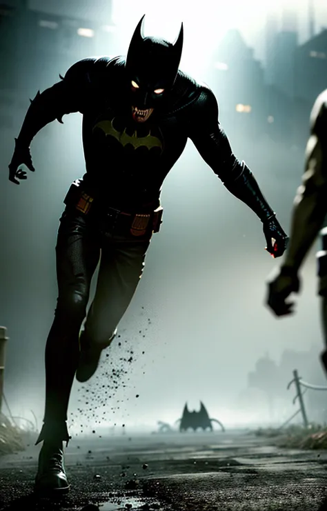 main character not zombie batman<lora:zombie_v1.3:1.1> 1girl, multiple boys, (zombie), (zombie batman:1.4), night, dark, scared, :o, shadow, night sky, backlighting, fleeing, motion, torn clothes, full body, depth of field, running towards viewer, horror, grabbing, shorts, perspective, (realistic:1.4), (pureerosface_v1:0.7) <lora:koreanDollLikeness_v15:0.2>, masterpiece, best quality, highly detailed