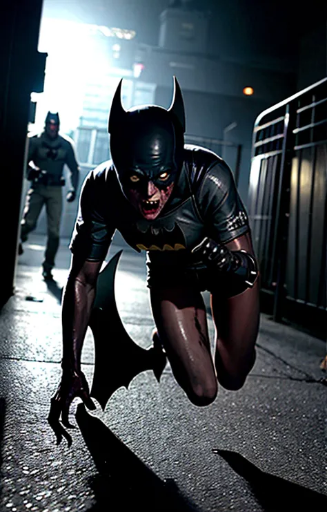 main character not zombie batman<lora:zombie_v1.3:1.1> 1girl, multiple boys, (zombie), (zombie batman:1.4), night, dark, scared, :o, shadow, night sky, backlighting, fleeing, motion, torn clothes, full body, depth of field, running towards viewer, horror, grabbing, shorts, perspective, (realistic:1.4), (pureerosface_v1:0.7) <lora:koreanDollLikeness_v15:0.2>, masterpiece, best quality, highly detailed
