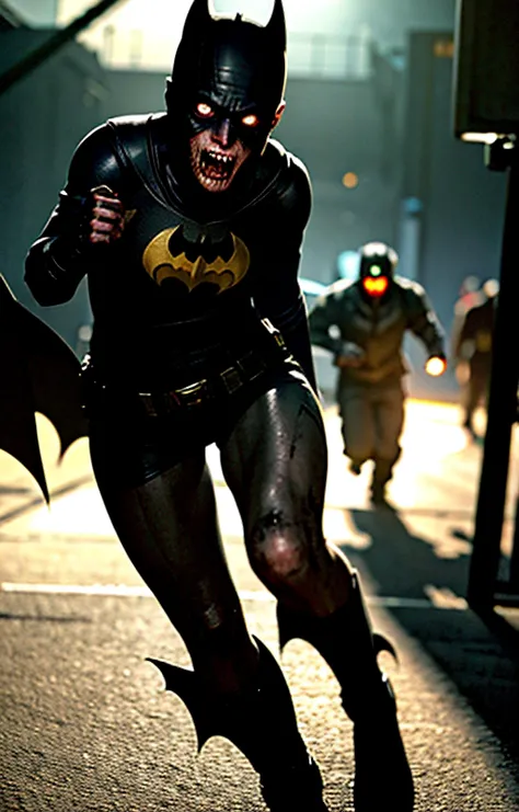 main character not zombie batman<lora:zombie_v1.3:1.1> 1girl, multiple boys, (zombie), (zombie batman:1.4), night, dark, scared, :o, shadow, night sky, backlighting, fleeing, motion, torn clothes, full body, depth of field, running towards viewer, horror, grabbing, shorts, perspective, (realistic:1.4), (pureerosface_v1:0.7) <lora:koreanDollLikeness_v15:0.2>, masterpiece, best quality, highly detailed