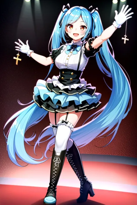 masterpiece, best quality, (1girl, solo),
yamato iori idol, 1girl, virtual youtuber, solo, long hair, blue hair, twintails, very long hair, thighhighs, red eyes, boots, open mouth, smile, gloves, looking at viewer, full body, skirt, ribbon, cross-laced footwear, garter straps, absurdly long hair, hair ribbon, knee boots, white gloves, lace-up boots, frills, breasts
<lora:YamatoIoriIdol:0.65>
blush, dancing,
( indoor, stage ,cowboy shot , dynamic pose, looking at viewer, ),