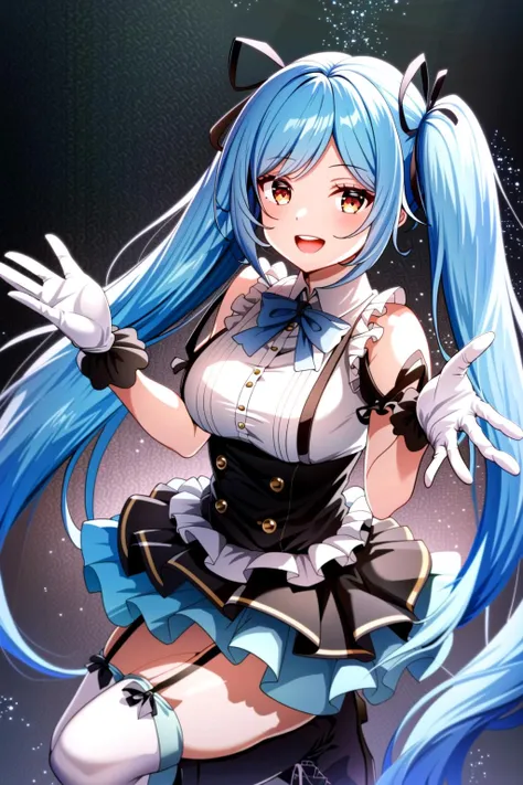 masterpiece, best quality, (1girl, solo),
yamato iori idol, 1girl, virtual youtuber, solo, long hair, blue hair, twintails, very long hair, thighhighs, red eyes, boots, open mouth, smile, gloves, looking at viewer, full body, skirt, ribbon, cross-laced footwear, garter straps, absurdly long hair, hair ribbon, knee boots, white gloves, lace-up boots, frills, breasts
<lora:YamatoIoriIdol:0.65>
blush,
( indoor, stage ,cowboy shot , dynamic pose, looking at viewer, ),