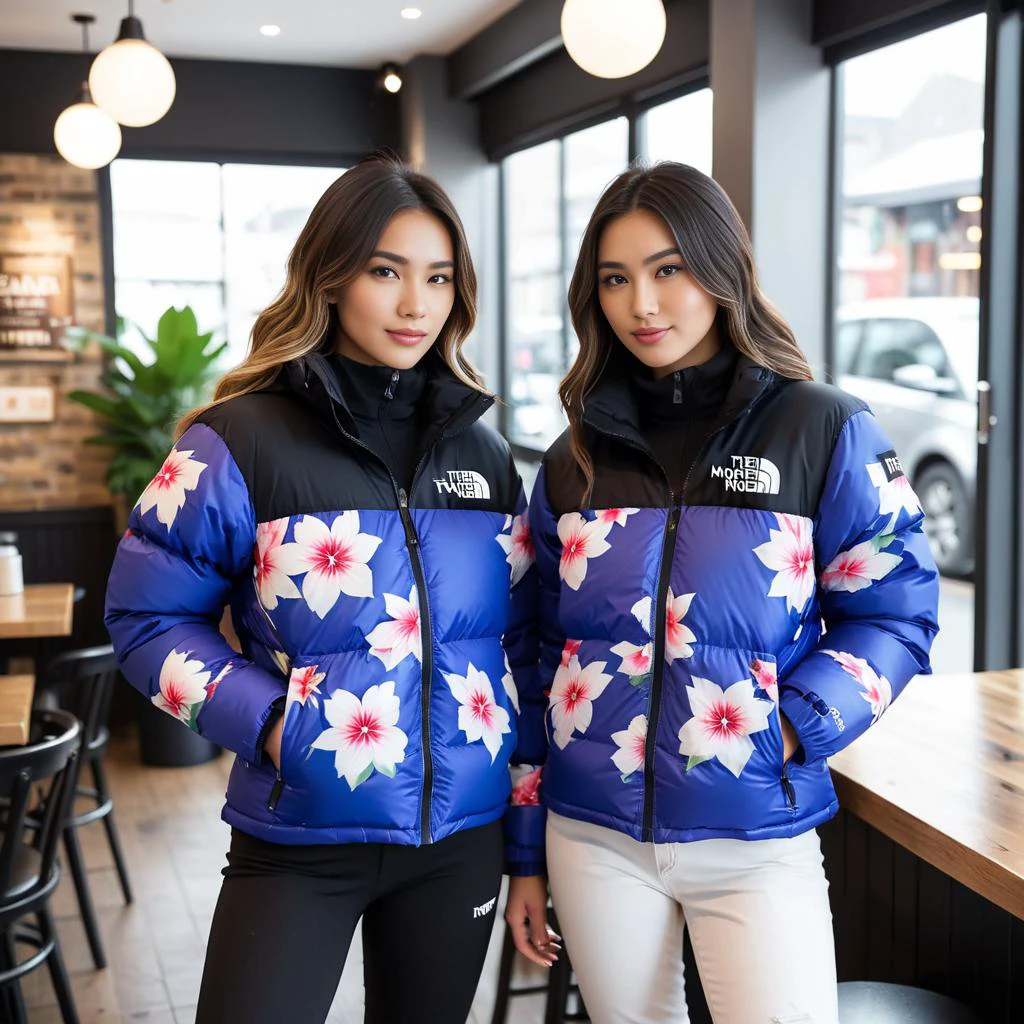 (full body shot) cute women wearing floral tnf_nuptse jacket, hyperdetailed photography,4k textures,intricate details,4k resolution <lora:pufferdown_tnf_nuptse:0.4>, in a cafe scene