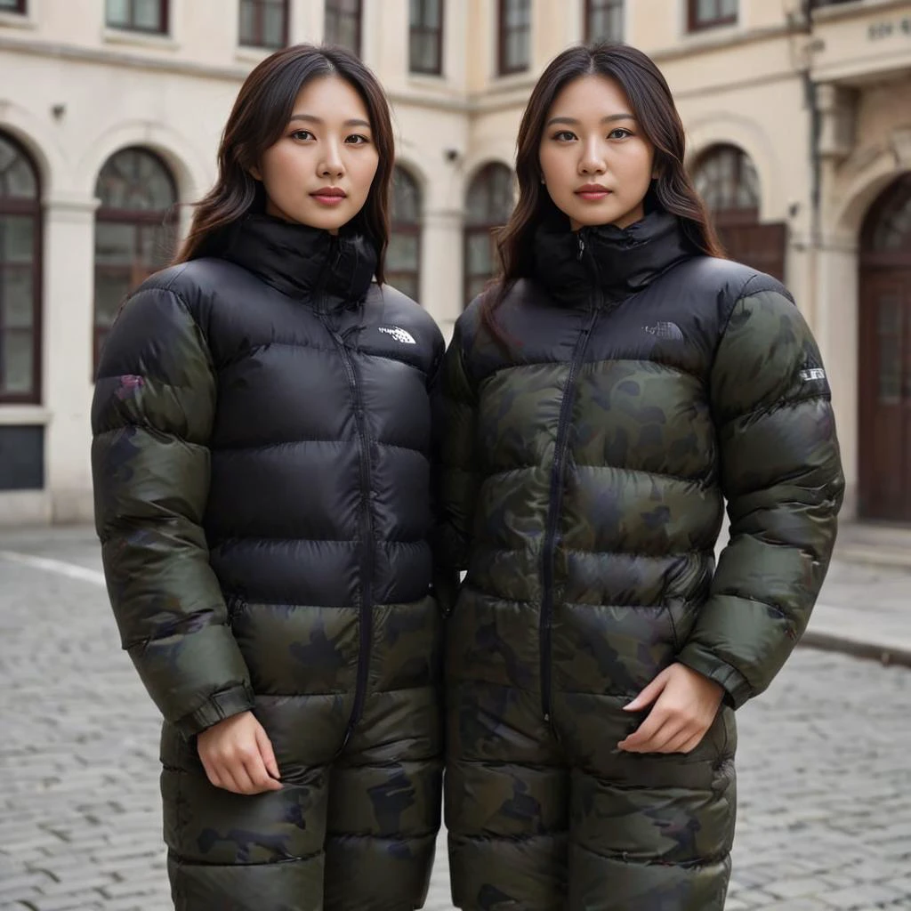 (full body shot) cute two asian professional women wearing Camouflage prints with a twist (e.g., urban camo) tnf_nuptse jacket and thick puffy double layered tnf_nuptse parkasite downsuit glosssuit, hyperdetailed photography,4k textures,intricate details,4k resolution <lora:pufferdown_tnf_nuptse:0.5>, cinematic still <lora:Parkasite_XL-000010:0.6>