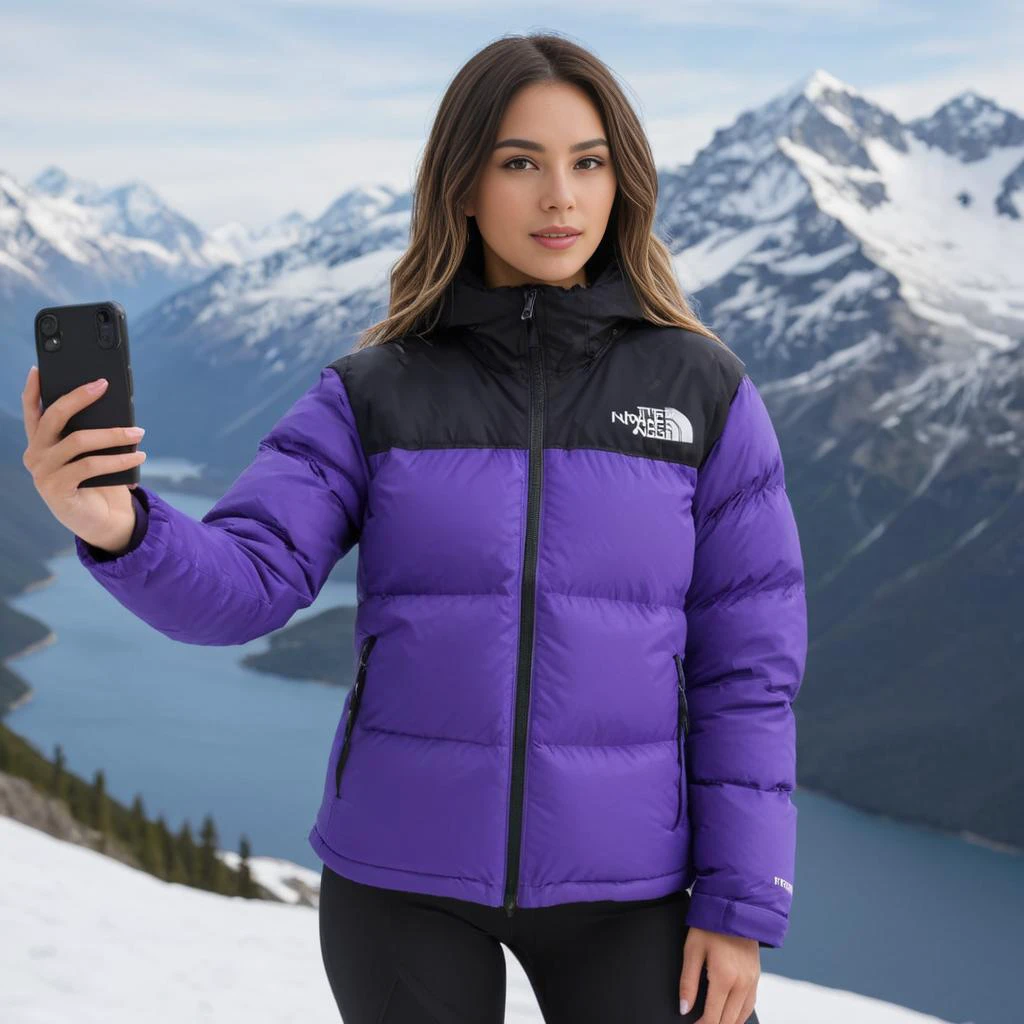 (full body shot taking a selfie:1.2), woman wearing tnf_nupse jacket, unique hair style, hyperdetailed photography,4k textures,intricate details,4k resolution, cinematic still <lora:pufferdown_tnf_nuptse:0.6> <lora:add-detail-xl:1>