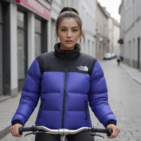 (cycling on a bike in a street:1.2), woman wearing tnf_nupse jacket, unique hair style, hyperdetailed photography,4k textures,intricate details,4k resolution, cinematic still  <lora:pufferdown_tnf_nuptse:0.6>  <lora:add-detail-xl:1>