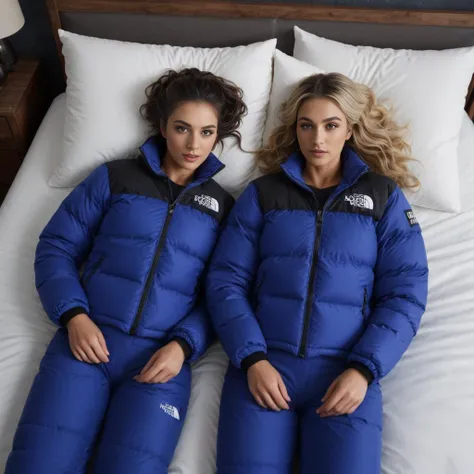 (lying on back in bed, looking at the camera:1.4), two women wearing tnf_nupse jacket, unique hair style, hyperdetailed photography,4k textures,intricate details,4k resolution, cinematic still <lora:pufferdown_tnf_nuptse:0.5>