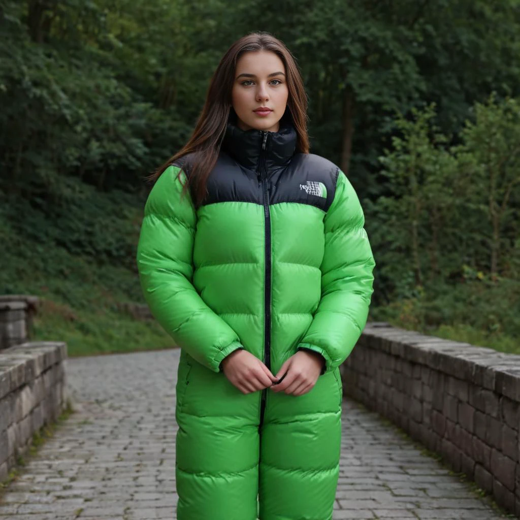 (full body shot) cute two irish 25 year old women wearing Quilted patterns tnf_nuptse jacket and thick puffy double layered tnf_nuptse parkasite downsuit glosssuit, hyperdetailed photography,4k textures,intricate details,4k resolution <lora:pufferdown_tnf_nuptse:0.5>, cinematic still <lora:Parkasite_XL-000010:0.6>