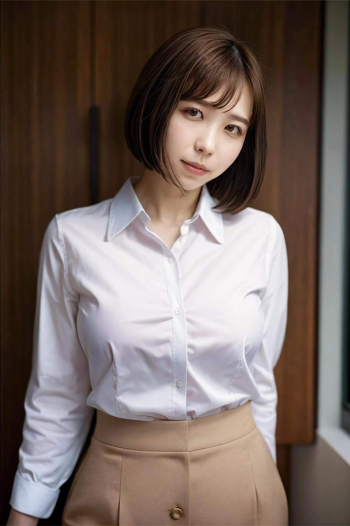 1girl, rihoshishido_jav, breasts, short hair, brown hair, blush,
wearing collared clothes, business attire, indoors,
detailed body, attractive body, perfect human body,
looking at viewer, shot using canon DSLR,
(ultimate quality, masterpiece, highres:1.0), realistic:1.0, photorealistic, <lora:JAV_riho_shishido_v1_epoch_12:0.8>