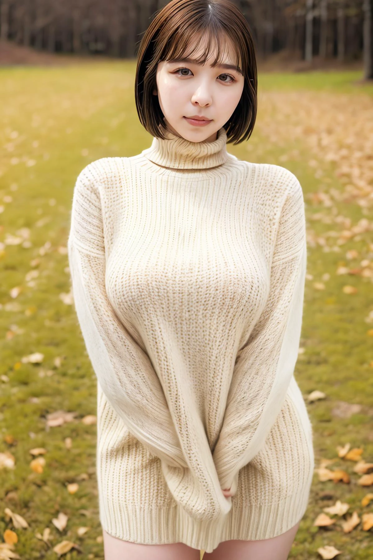 1girl, rihoshishido_jav, breasts, short hair, brown hair, blush,
wearing turtleneck dress, outdoors,
detailed body, attractive body, perfect human body,
looking at viewer, shot using canon DSLR,
(ultimate quality, masterpiece, highres:1.0), realistic:1.0, photorealistic, <lora:JAV_riho_shishido_v1_epoch_12:0.8>