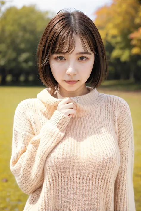 1girl, rihoshishido_jav, breasts, short hair, brown hair,  blush,
wearing sweater, outdoors,
detailed body, attractive body, perfect human body,
looking at viewer, shot using canon DSLR,
(ultimate quality, masterpiece, highres:1.0), realistic:1.0, photorealistic,  <lora:JAV_riho_shishido_v1_epoch_12:0.8>