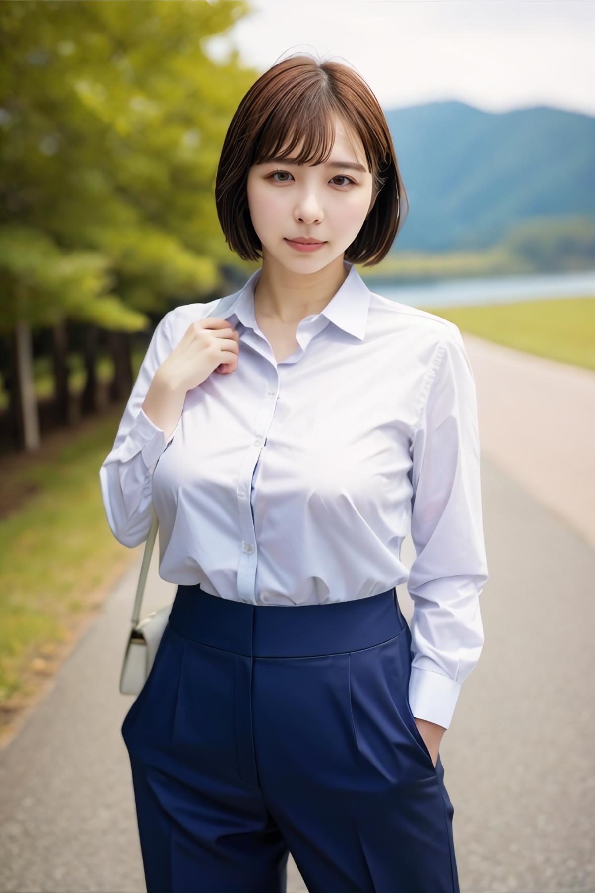 A woman in a white shirt and blue pants posing for a picture - SeaArt AI