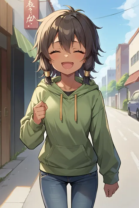 score_9, score_8_up, score_7_up, score_6_up, source_anime, BREAK 1girl <lora:tiona-pdxl-nvwls-v1-000006:1> tiona hiryute, tan, green hoodie, distressed jeans, looking at you, happy, closed eyes, open mouth, street