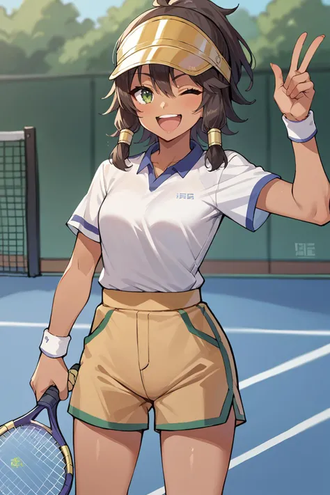 score_9, score_8_up, score_7_up, score_6_up, source_anime, BREAK 1girl <lora:tiona-pdxl-nvwls-v1-000006:1> tiona hiryute, tan, wink, happy, shirt, holding tennis racket, visor cap, shorts, tennis court, looking at you