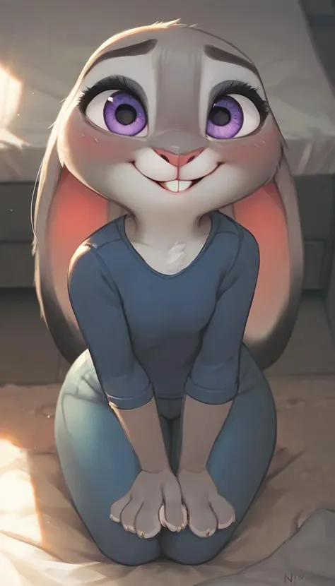 score_9, score_9_up, score_8_up, score_7_up, score_6_up, score_5_up, source furry, anthro, Long exposure photo of Hyperrealistic art anthro, judy hopps, detailed two tone grey fur body with white chest, grey lagomorph feminine beautiful face, fully in view, kneeling, solo, fully clothed, nsfw, buckteeth, smiling, blushing, birds eye view shot, indoors in bedroom with romantic lighting, animal feet with pawpads, <lora:MilesDF-000004:.8>