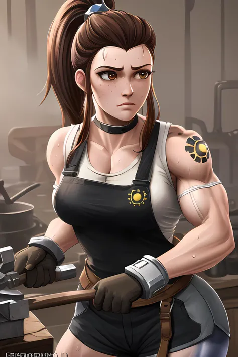 best quality, masterpiece, 1girl, brown eyes, detailed eyes, shorts, blacksmith, (black apron), work gloves, forge, narrowed eyes, frown, hammering, sweat, corneo_brigitte, detailed background