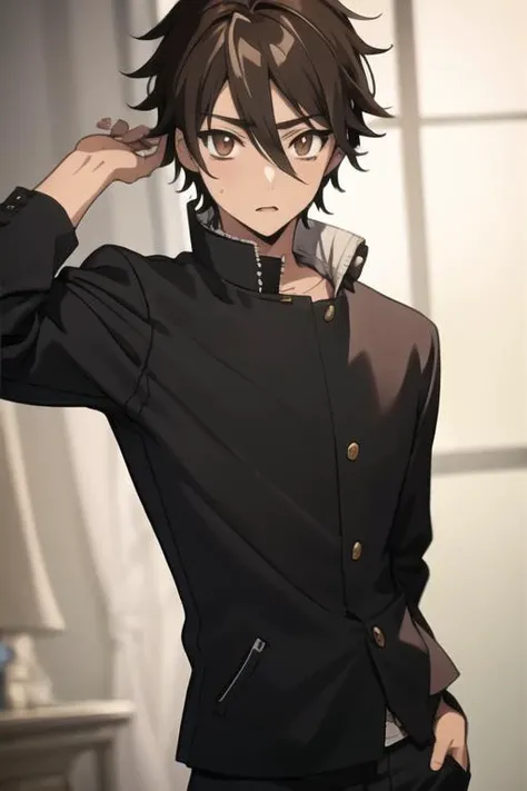 masterpiece, best quality, high quality, 1boy, solo, male focus, looking at viewer, upper body, <lora:takashi_komuro:0.74>, takashi_komuro, brown eyes, brown hair, hair between eyes, , gakuran