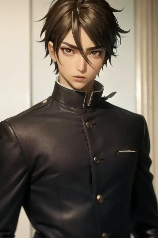 masterpiece, best quality, high quality, 1boy, solo, male focus, looking at viewer, upper body, <lora:takashi_komuro:0.84>, takashi_komuro, brown eyes, brown hair, hair between eyes, realistic, gakuran