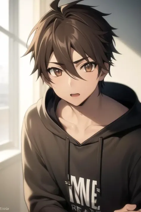masterpiece, best quality, high quality, 1boy, solo, male focus, looking at viewer, upper body, <lora:takashi_komuro:0.76>, takashi_komuro, brown eyes, brown hair, hair between eyes, , hoodie
