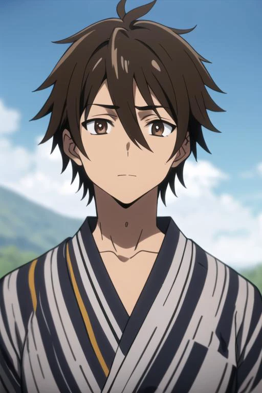 masterpiece, best quality, high quality, 1boy, solo, male focus, looking at viewer, upper body, <lora:takashi_komuro:0.58>, takashi_komuro, brown eyes, brown hair, hair between eyes, , yukata