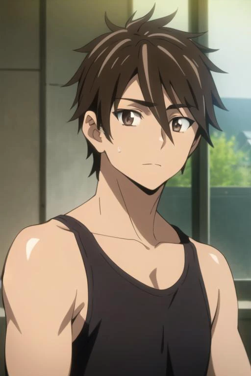 masterpiece, best quality, high quality, 1boy, solo, male focus, looking at viewer, upper body, <lora:takashi_komuro:0.64>, takashi_komuro, brown eyes, brown hair, hair between eyes, realistic, tank top
