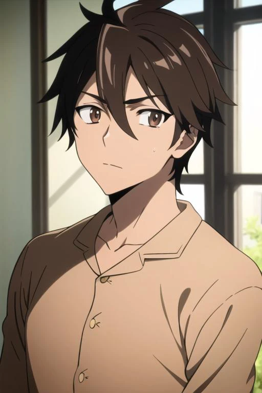 masterpiece, best quality, high quality, 1boy, solo, male focus, looking at viewer, upper body, <lora:takashi_komuro:0.66>, takashi_komuro, brown eyes, brown hair, hair between eyes, , pajamas
