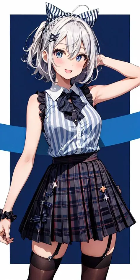 siro (dennou shoujo youtuber siro),<lora:46_2:1.0>,1girl, siro (dennou shoujo youtuber siro), virtual youtuber, skirt, solo, thighhighs, smile, blue eyes, open mouth, blue skirt, shirt, antenna hair, white thighhighs, :d, breasts, sleeveless shirt, v, sleeveless, striped, bangs, star (symbol), arm up, looking at viewer, bare shoulders, hair between eyes, vertical stripes, plaid, short hair, blush, striped background, starry background, vertical-striped shirt, striped shirt, medium breasts, large breasts, white hair, plaid skirt, bare arms, grey shirt, wrist scrunchie