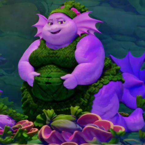 <lora:Grandma Paguro:1>, 3d cartoon, cartoon accurate, anatomically correct, perfect anatomy, 4k, 8k, quality lighting, perfect face, detailed hands, detailed eyes, perfect face, detailed background, solo, Grandma, ssbbw, light magenta scales, purple fins on her head to replicate her hair, light pink eyes, faint yellow sclera, oval shaped pupils, dress, bandana made from seaweed, (long tail forms a twirl with purple caudal fins), wrinkles, old lady, <lora:BGV5EX:1>,