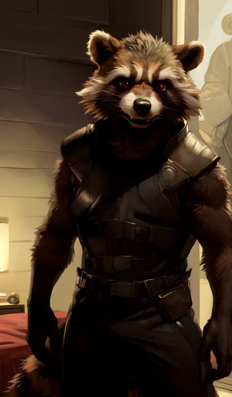 (by zackary911,:1.2 ), by meesh, by snowskau, by honovy, taran fiddler, low camera angle, rocket raccoon, realism, realistic, red pupils, evil grin, fangs, canine lips, red pupils, white eyeballs
(rocket raccoon, raccoon, rocket raccoon gtg,:1.2), manly, man, masculine, whiskers, messy fur, armour, black line art, fangs
standing, (space suit, armour, rocket raccoon outfit, suit)
manly, light brown fur, posing in front of mirror
pouch, solo, flex
BREAK
((spaceship, bedroom, messy bedroom, detailed background, masterpiece))
(best quality, high quality:1.4) <lora:fluffyrock-quality-tags-v2.1.1-vpred:1> <lora:add_detail:0.4> <lora:rocketraccoonV3-000015:0.8>