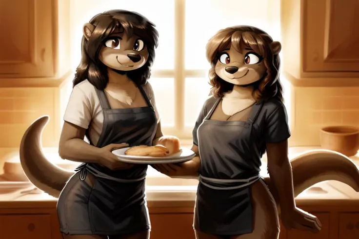 (by the-minuscule-task, r the-minuscule-task_style)
((tall gray otter mammal female)), (countershade skin, gray fur), (otter tail, raised tail:1.2), (2girls duo, standing apart), (color t-shirt, shorts), (cooking apron:1.2), (hairstyle), (dyed hair strands:0.7), smiling, delighted, aww, brown eyes, beautiful eyelashes, cleavage,
in kitchen, tiled walls, curtained window, stove, (big pie on plate:1.2),
BREAK,
(masterpiece, best quality, line art, vector art, professional sketch, 4k, 2k, (intricate, high detail:1.2), thin black outlines, absurd res), (best quality, high quality:1.4)
<lora:the-minuscule-task_style:0.4> <lora:fluffyrock-quality-tags-v2.1.1-vpred:1> <lora:more_details:0.5> <lora:Furtastic_Detailer:0.5>