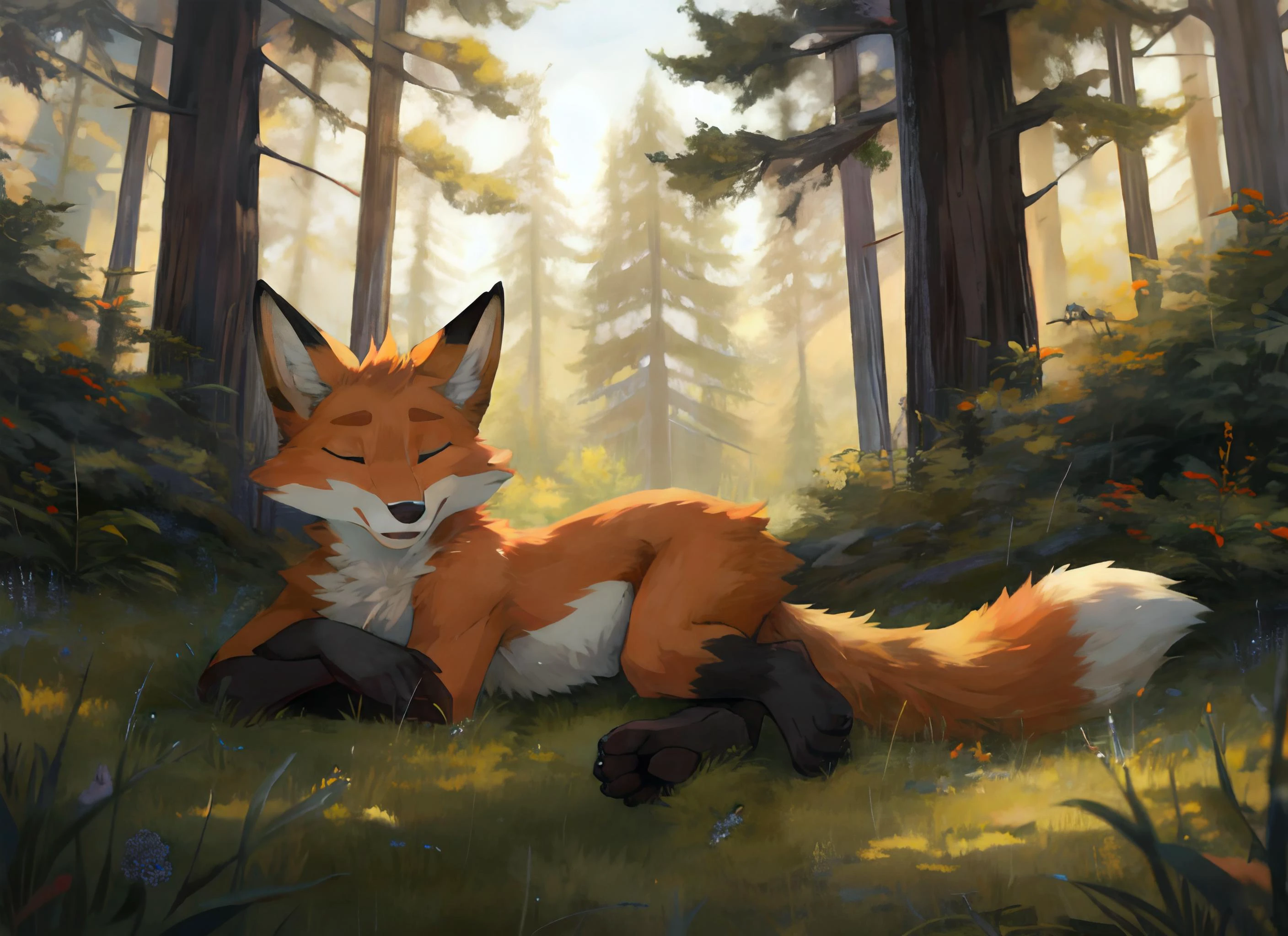 a fox lounging on his back in the woods with its tail curled up and eyes closed, looking at something in the distance, artist, forest, a painting, furry art, <lora:fluffyrock-quality-tags-v3.0-vpred:0.8> best quality, high quality,