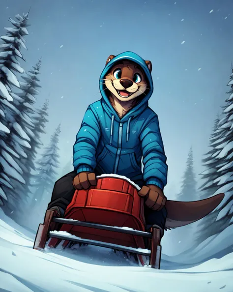 uploaded on e621,
(by yookie, by higsby),
(front view, dutch angle:1.3),
(1boy solo), (tall otter:1.2), (otter tail:1.3), (otter ears, small ears:1.2),
alaska jacket, hood on, black winter pants,
(riding a wood sled, sledding:1.2), downhill, snowy hill, trees, intense snowing, particles, snowflake,
happy, cheerful,
detailed background, 4k, masterpiece, (best quality, high quality:1.2), (ultra detail, shaded:1.25), extremely beautiful
<lora:fluffyrock-quality-tags-v2.1.1-vpred:1>